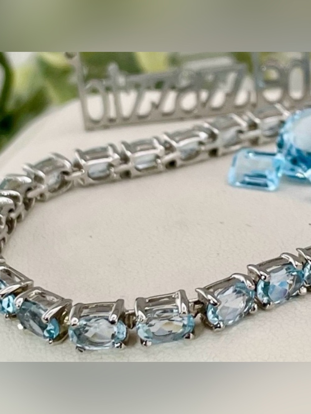 15ct Sky Blue Topaz oval Cut 14k white Gold on 925 Adjustable Tennis Bracelet